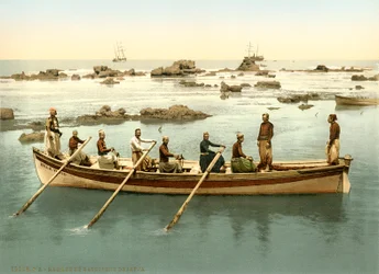 Boot mit Ruderern im Hafen von Jaffa, ca. 1880-1900